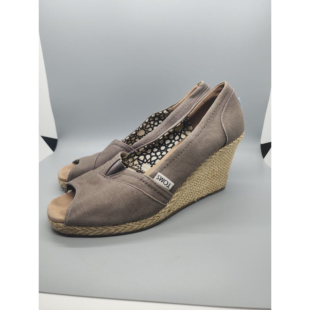 Tom's Women's Size 8.5 Wedge Heels Open Toe Grey Canvas Sandals Espadrille (D)